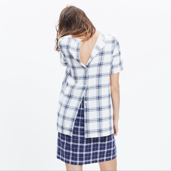 Madewell Industry Button Back Top Blue White Plaid High Low, Size XXS - Picture 5 of 6